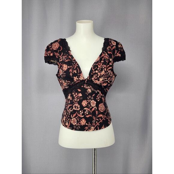 Free People Shirt Womens Medium Black Floral Lace Trim Deep V Neck Y2k Milkmaid - Picture 1 of 13